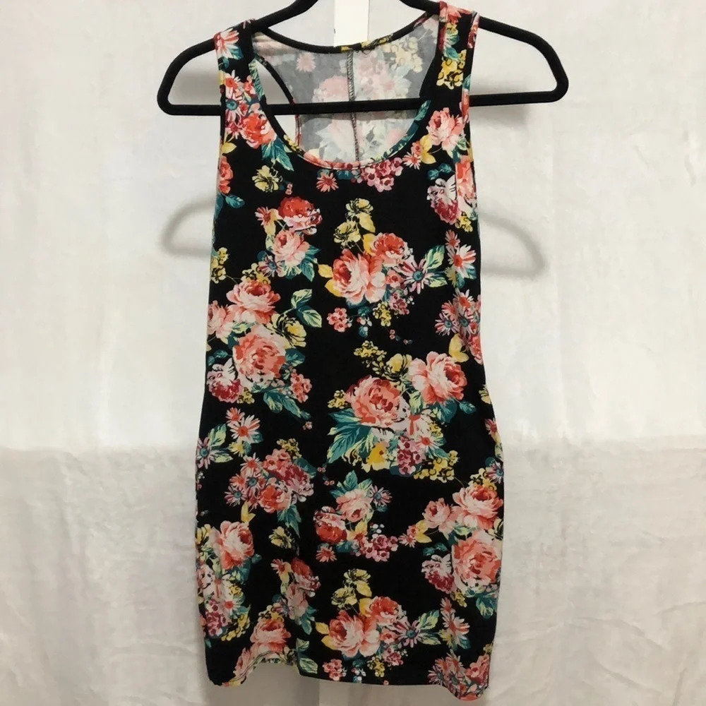 Floral Tank‎ Dress Sleeveless Casual Summer Sun Dress Black Pink Size Unknown